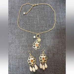 Yosca Gold Flower Beaded Pearl Chandelier Earrings & Necklace Set Anthropologie
